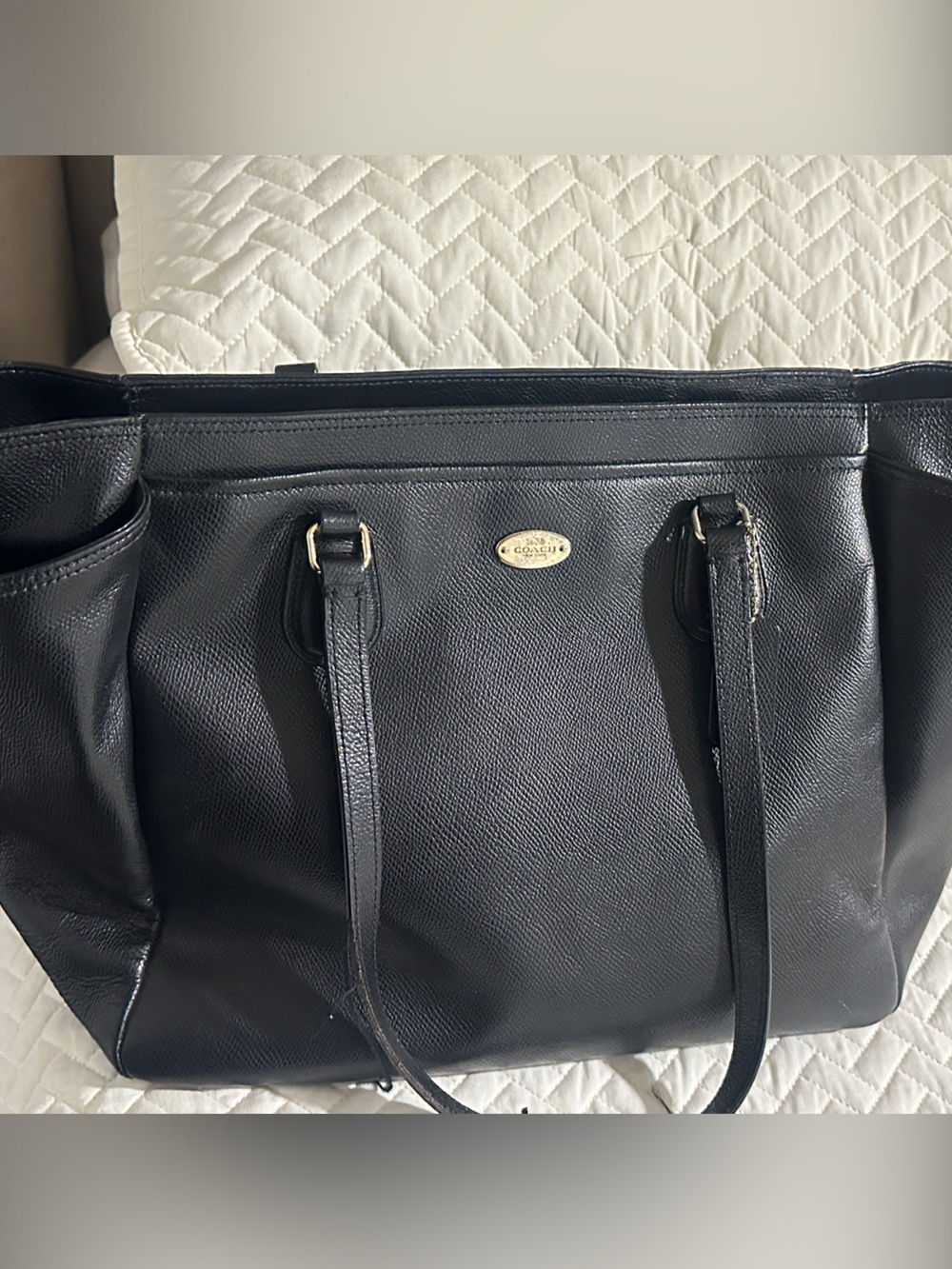 Coach Black Leather Tote with Gold-Tone Accent